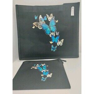 Black Tote Bag W/Blue & Yellow Butterflies W/ Matching Diddy Bag
